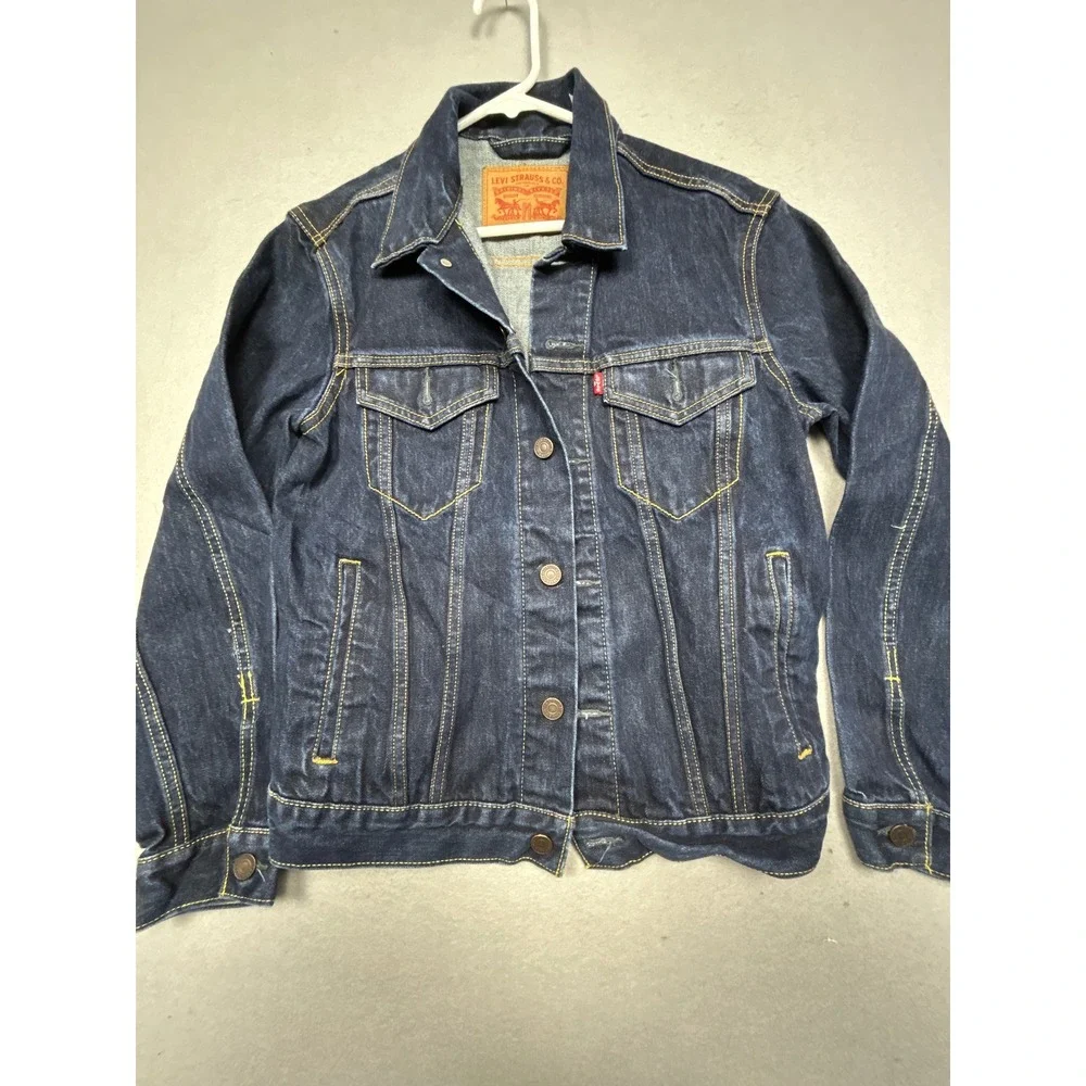 Levi Strauss Denim Trucker Jacket Buck Yeah Embroidery Blue Size Small Mens